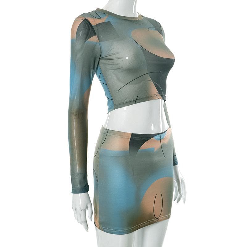 Long sleeve crewneck mesh see through contrast print mini skirt set