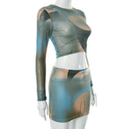 Long sleeve crewneck mesh see through contrast print mini skirt set