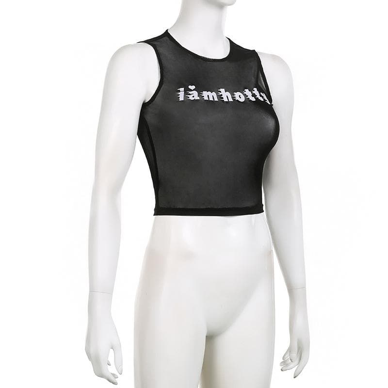 Sheer mesh see through "i am hotty" pattern contrast sleeveless crop top