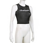 Sheer mesh see through "i am hotty" pattern contrast sleeveless crop top