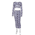 Contrast print long sleeve backless hollow out ruched midi skirt set