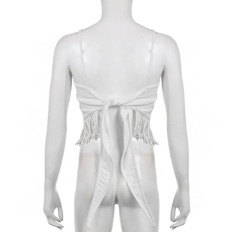 Irregular backless tassels self tie solid cami crop top