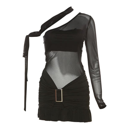 Minikleid aus Netzstoff mit unregelmäßiger Rüschenpartie und One-Shoulder-Träger