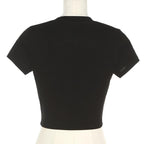 Top corto a maniche corte con scollo rotondo e ricamo "R" 