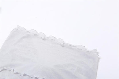 Transparentes Netzstoff-Crop-Top mit einfarbigen Rüschen und selbstbindendem, rückenfreiem Tube-Top 