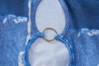 Minigonna in denim con stampa a O e maniche lunghe, collo alto e traforato 