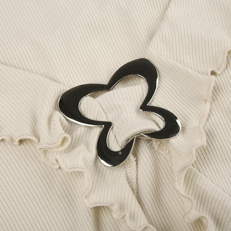 Flared sleeve v neck ruffle buckle ribbed solid crop top