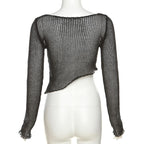 Crochet solid hollow out long sleeve irregular see through crop top