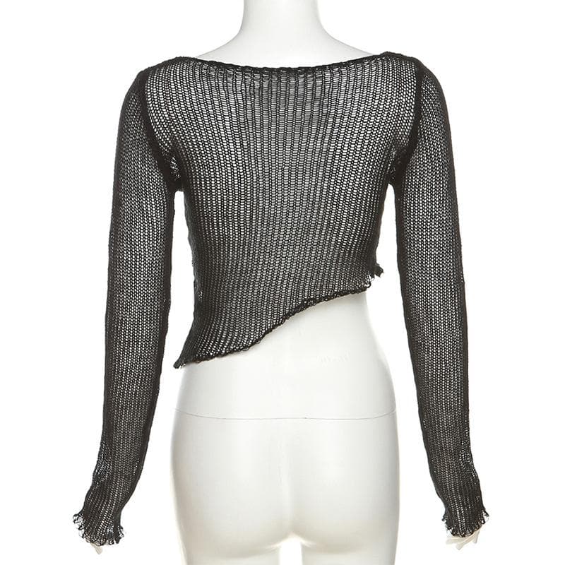 Crochet solid hollow out long sleeve irregular see through crop top