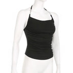 Metal chain halter ruched solid backless top