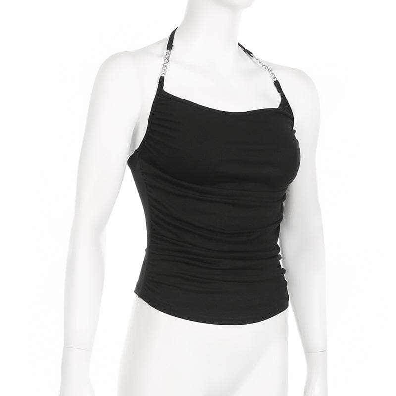 Metal chain halter ruched solid backless top