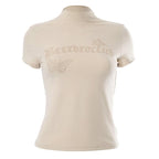 Top a maniche corte con collo alto e perline 