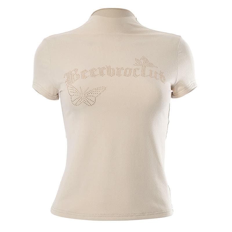 Top a maniche corte con collo alto e perline 