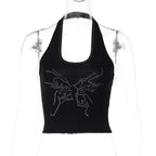 Beaded halter u neck ribbed backless crop top