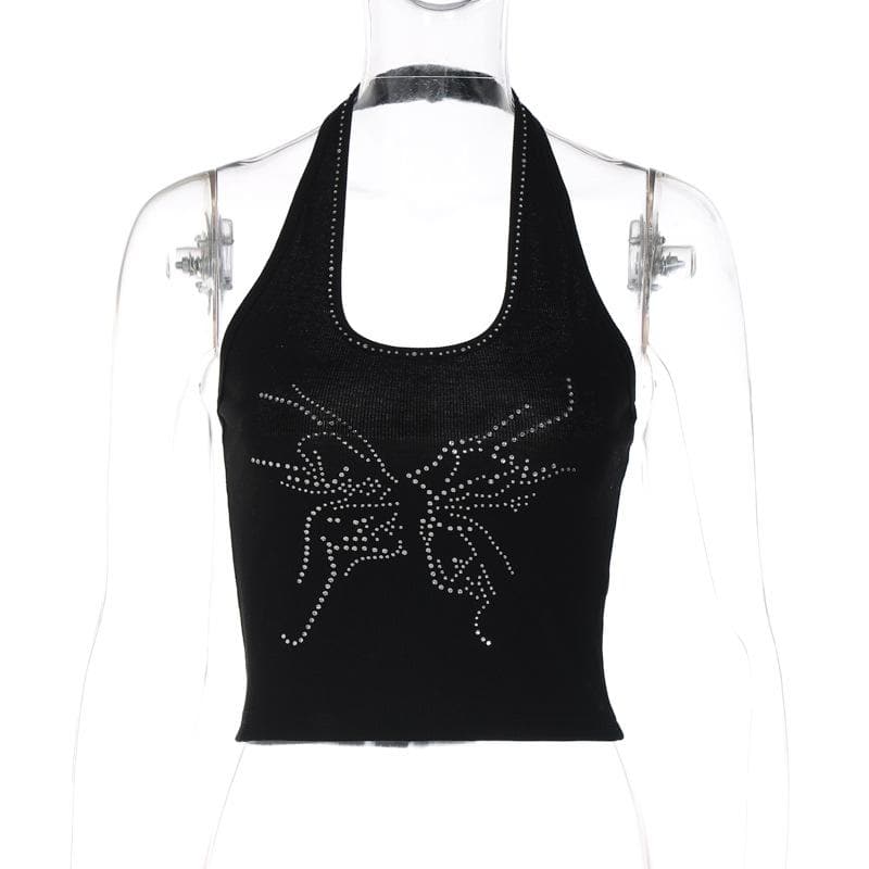 Beaded halter u neck ribbed backless crop top