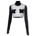 Top corto patchwork con guanti a maniche lunghe e collo alto in rete
