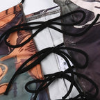 Halter self tie backless abstract contrast crop top