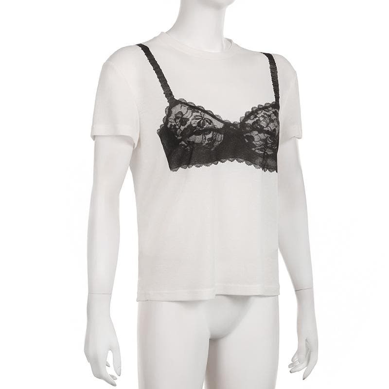 Top girocollo a maniche corte con motivo a reggiseno a contrasto 