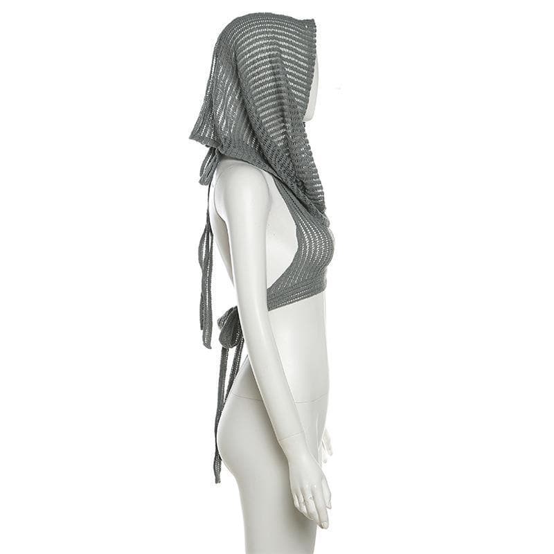 Hoodie sleeveless see through crochet backless self tie crop top