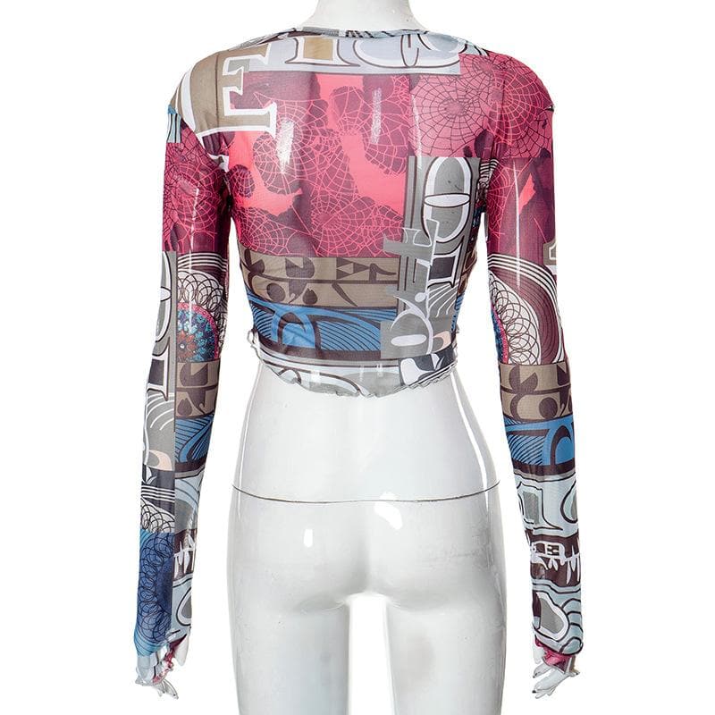 Sheer mesh see through contrast print long sleeve gloves crewneck crop top