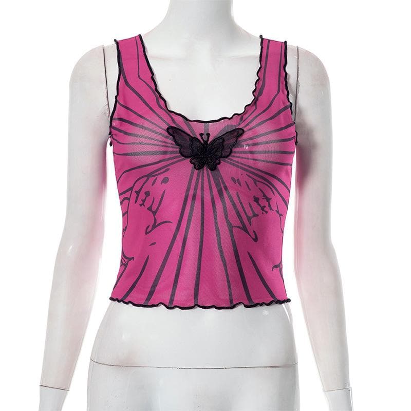 Sleeveless u neck ruffle sheer mesh see through butterfly applique top