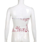 Sheer mesh see through flower print sleeveless lace hem crop top