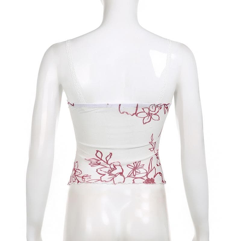 Sheer mesh see through flower print sleeveless lace hem crop top