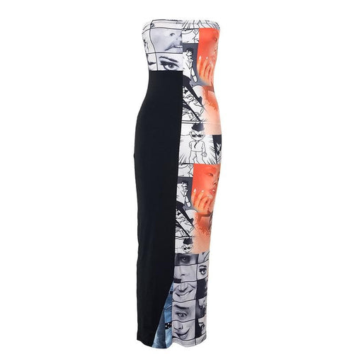 Abito lungo a tubino con spacchi sulla schiena e patchwork a contrasto con stampa astratta 