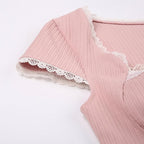 Cap sleeve lace hem textured contrast crop top