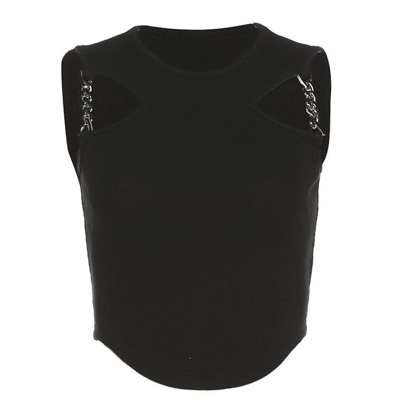 Crewneck sleeveless hollow out metal chain solid crop top