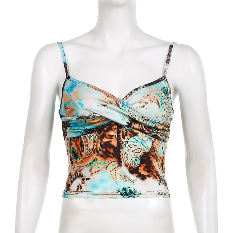 Abstract Print Ruched Contrast V Neck Backless Cami Crop Top
