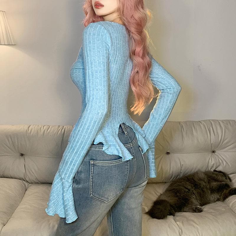 Knitted flared sleeve v neck button ruffle slit top