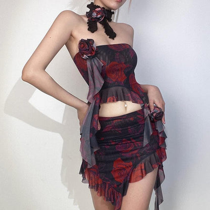 Sheer mesh see through ruffle flower applique contrast print tube mini skirt set