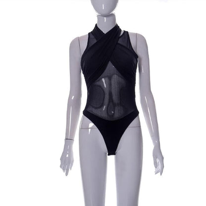 Body senza maniche con incrocio sul davanti in rete 