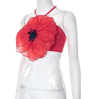 Flower pattern embroidery contrast halter self tie backless crop top