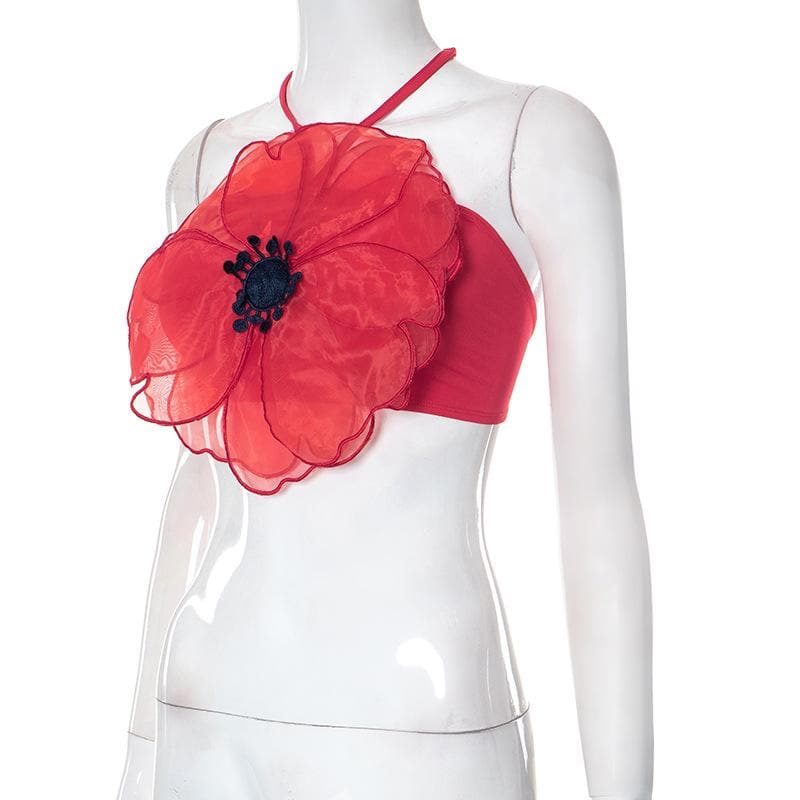 Flower pattern embroidery contrast halter self tie backless crop top