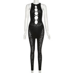 Ärmelloser Jumpsuit aus einfarbigem Fischnetz mit Rundhalsausschnitt und ausgehöhlter Spitze