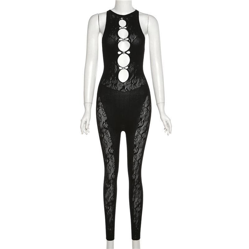Ärmelloser Jumpsuit aus einfarbigem Fischnetz mit Rundhalsausschnitt und ausgehöhlter Spitze