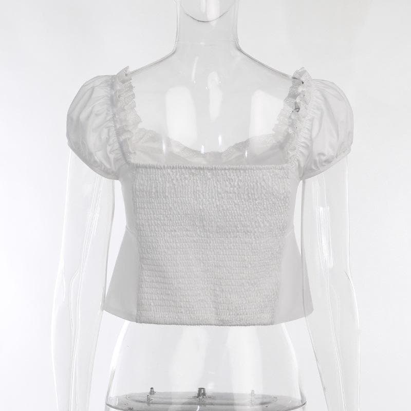 Smocked puff sleeve solid ruffle slit backless crop top