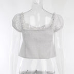 Smocked puff sleeve solid ruffle slit backless crop top
