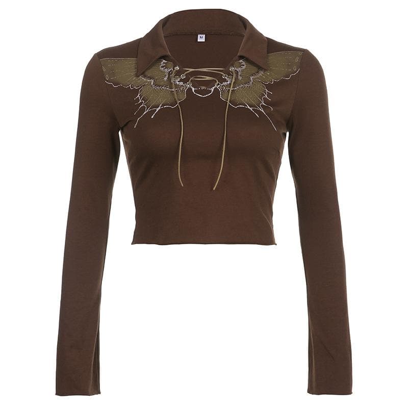 Long sleeve contrast turnover collar butterfly pattern lace up crop top - Final Sale