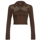 Long sleeve contrast turnover collar butterfly pattern lace up crop top - Final Sale