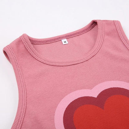 Sleeveless crewneck ribbed heart pattern contrast top