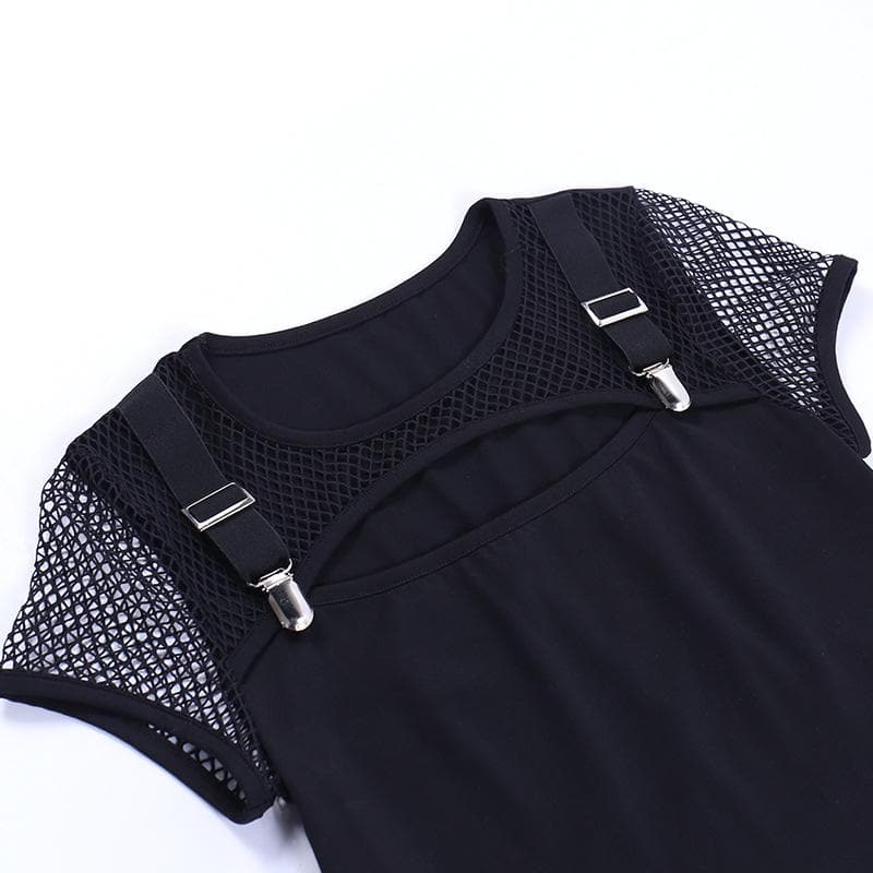 Short sleeve crewneck hollow out fishnet buckle solid top