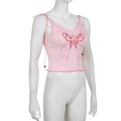 Textured butterfly pattern contrast ruffle self tie v neck backless top