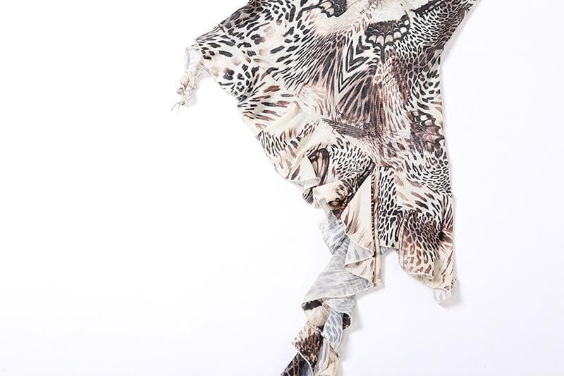 Top corto con scollo all'americana irregolare in rete trasparente con motivo a farfalla 
