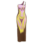 Body print one shoulder hollow out contrast irregular slit maxi dress
