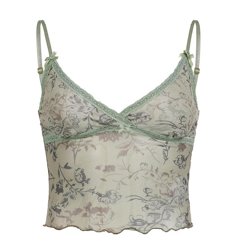 Top corto con scollo a V e orlo in pizzo con stampa floreale in rete trasparente 