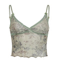 Top corto con scollo a V e orlo in pizzo con stampa floreale in rete trasparente 