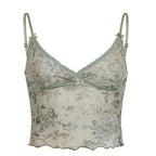 Top corto con scollo a V e orlo in pizzo con stampa floreale in rete trasparente 